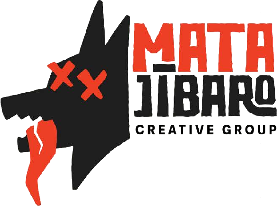 Mata Jíbaro Creative Group — logotipo: un lobo con ojos en X y la lengua roja